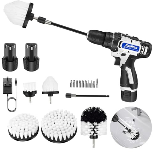 16.8V Cordless Combi Drill Driver with 2 Batteries & 10 Drill Bit Set & 5Pcs Drill Brushes Set, Power Scrubber Attachment Kit for Cleaning Kitchen, Bathroom, Sink, Tub, Floor/Wall Tile, Car Wheel