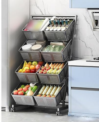 KEAOZVFE Rollwagen für Küchenkörbe Wagen mit Rädern und Griff Organizer Aufbewahrungskorb Obst- und Gemüseständer mit Körben multifunktional praktisch(Black,4 Tier)
