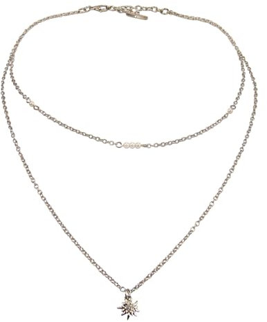 Alpenflüstern Trachten-Metallhalskette Edelweiss zweireihig - nostalgische Trachtenkette, eleganter Damen-Trachtenschmuck, Dirndlkette (silber-farben) DHK334