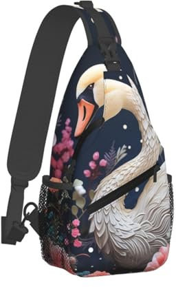 QVUEagriSJ Schultertasche für Damen und Herren, Crossbody-Rucksack, Blumen- und Vogelmalerei, Crossbody-Tasche, Brusttasche für Reisen, Sport, Blumenschwan, Einheitsgröße, Sling-Rucksäcke
