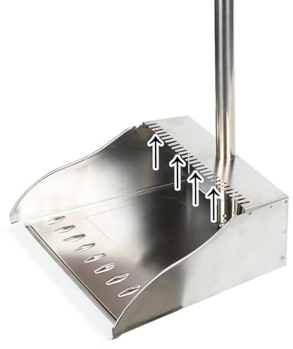 Metal Dustpan Long Handle Stainless Steel Dustpan,Heavy Duty Standing Dust Pan with Teeth, Indoor Outdoor Up for Home Kitchen Lobby Room Office