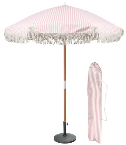 Harbour Housewares 1.4M Tassel Fringed Wooden Garden Parasol & Base Set - Pastel Pink Stripe - 1x UPF30+ Waterproof Portable Free-Standing Outdoor Patio Sun Umbrella Canopy Table Shade with Carry Bag