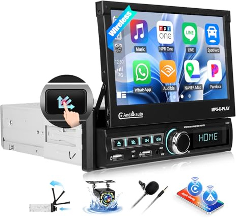 OiLiehu Single Din Touchscreen Car Stereo with Wireless CarPlay Android Auto, 7'' Motorized Flip Out Car Screen with Bluetooth, Mirror Link, FM Radio, EQ, SWC, AUX-IN, 2 USB, TF-Port, Backup Camera