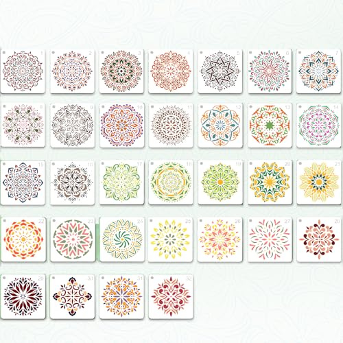 32 Stück Mandala Schablonen Set(12x12 cm),Wiederverwendbare PET Malschablonen mit Aufhängerloch,DIY Bastelvorlagen für Möbel,Holz,Boden,Scrapbooking,Textilgestaltung,Klein Schablonen mit Blumen