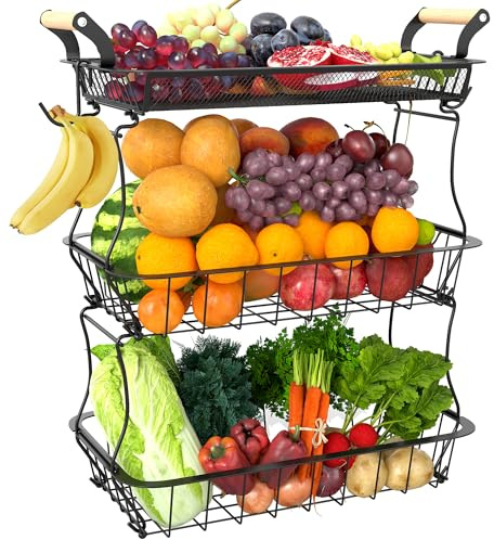 ohbien Obstkorb mit 3 Etagen und 2 Bananenaufhängern, Abnehmbarer Obstkorb aus Metall, Praktischer Arbeitsplattenregal für Küche Brot Gemüse Snacks, Schwarz