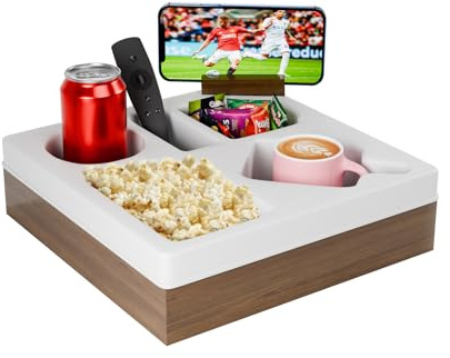 Couchbar Snackbox - Couch Bar mit Snackschalen - Organizer Tablett - Sofatablett aus Holz und Silikon - Couch Tablett mit Getränkehalter - Personalisiert Sofa Organizer für Frauen Männer (Whtie-W)
