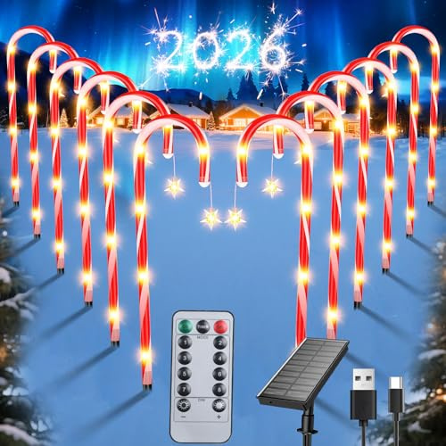 Qoosea Weihnachtsbeleuchtung Solar Außen, 12 Stück 72 LED Solar Weihnachten Zuckerstangen Lichterketten mit Fernbedienung, 8 Modi wasserdichte Solarlampen Weihnachtsdeko Aussen für Terrasse Gehweg