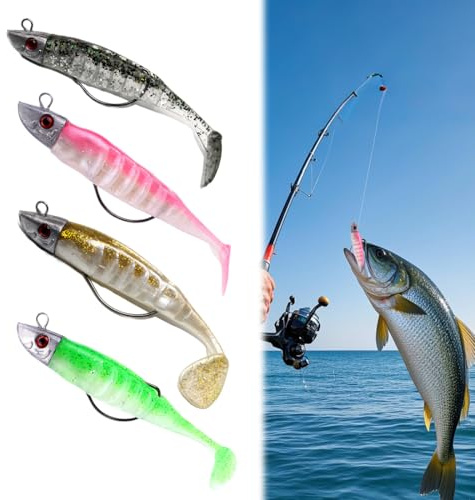 HABNI 4 Stück Gummifische Set Angelköder Mit Jigkopf Gummiköder Für Forelle Zander Barsch Kunstköder Angelausrüstung Kunstköder Hechtt Köder Süß Salzwasser Männer Angelgeschenke