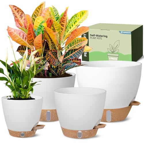 Goproauto Self-Watering Pots for Indoor Plants 4 Pack, 6/8/10/12 Inch Outdoor Planters with Water Level Indicator & Deep Reservoir, Decorative Flower Pots for Home Decor (White, 12+10+8+6 Inch)