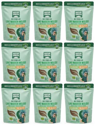 NaturGreen - Semillas de Lino, Nibs de Cacao y Aronia Bio, Pack 9 x 150 g, Mix Ecológico Rico en Fibra y Antioxidantes, Ideal para Yogures, Batidos, Desayunos o Postres, Vegano y Sin Lactosa