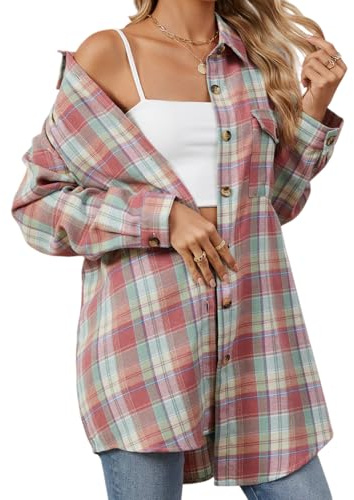 Kvinnors knapp flanellskjortor, överdimensionerade långärmade rutiga blusar lätt business casual topp med fickor, ROSA, XXL