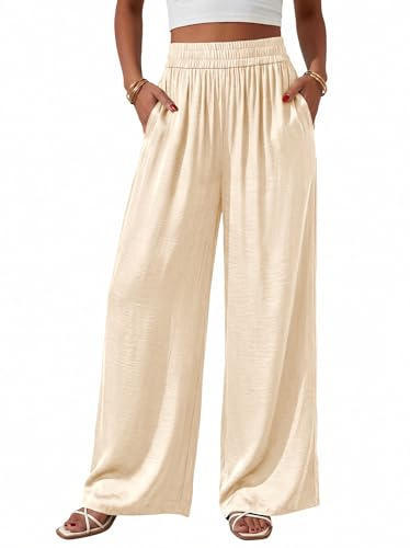 BTFBM Wide Leg Pants Woman Summer 2026 Pockets Dressy Flowy Lightweight Glitter Satin Palazzo Beach Vacation Clothes(Beige, Large)