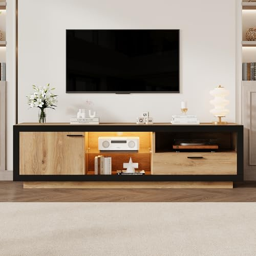 Merax LED TV Stand Cabinet, Modern TV Unit for Up to 70 Inch TV, Wood & Black Entertainment Unit - 160x40x50cm