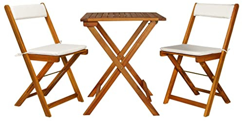 JHQHSM Klappbares Bistro-Set aus massivem Akazienholz mit Tisch und Stühlen inklusive Auflagen für Garten und Terrasse, witterungsbeständig und platzsparend