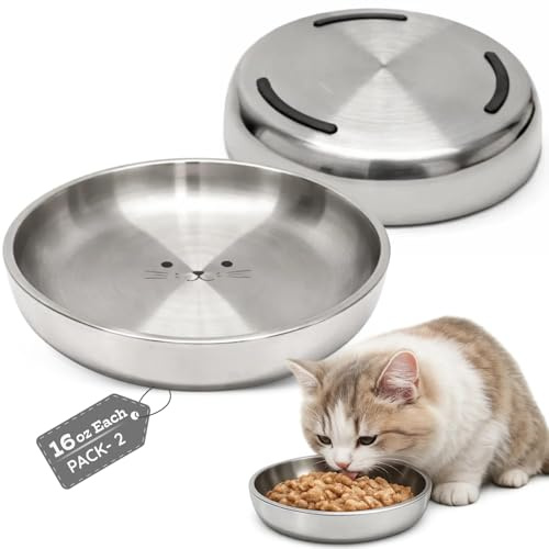 AASPIRE PETS Ciotola per cibo per gatti in acciaio inossidabile, 473,6 g/2 tazze ciascuna, resistente a doppia parete isolata, design poco profondo, base piatta antiscivolo, per gatti e gattini