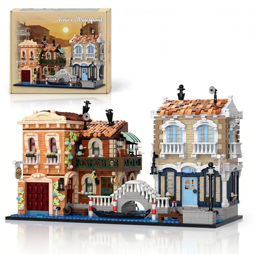 Mocbuiie Venedig Wasserstadt Klemmbausteine Haus mit LED-Beleuchtung | 4610 Teile, Venice Waterfront Modular Building, Europäische Architektur für Erwachsene, Kompatibel mit Barweer BWR010