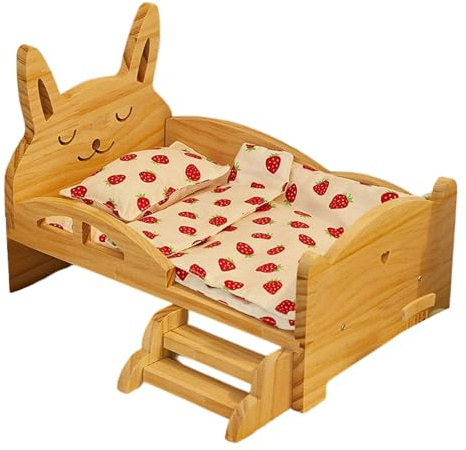Tmboryuu 20-cm Puppenbett Set aus Holz mit Hasen Motiv und bequemer, mit Früchten bedruckter Bettwäsche Matratze Lagomorph Puppenbett Set aus Holz