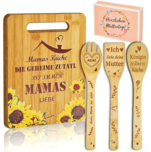 AUNGKWANG 4 Pezzi Regalo per la Festa Della Mamma, Tagliere in Legno di Bambù, Tagliere Personalizzato con 3 Cucchiai da Cucina e Confezione-Regalo, Pratico Regalo di Compleanno per Mamma