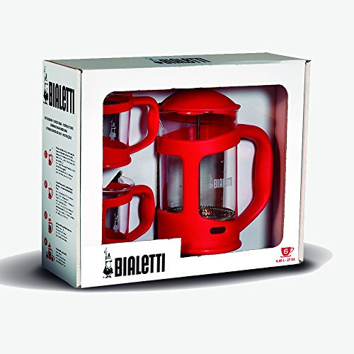 Bialetti Kaffebereiter Set mit 2 Tassen, Glas, rot, 20 cm, 3-Einheiten