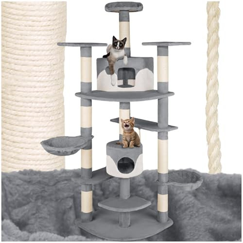 TecTake® Arbre à Chat XXL Griffoir pour Chat en sisal H204 cm, Maison Niche Jeux Chats Appartement Accessoire Chats avec Grattoir Couchage Hamac Panier - Gris/Blanc