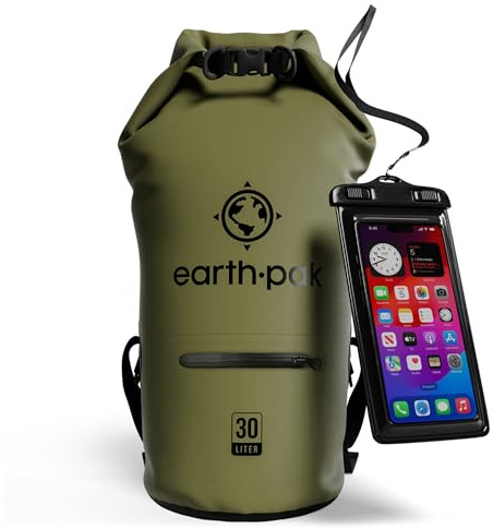 Wasserdichter Packsack 30L - Dry Bag mit Reißverschlusstasche und Rolltop | Dry Bag 30L in Waldgrün: schwimmfähiger Trockensack mit Reißverschluss-Außentasche und IPX8-Handyhülle