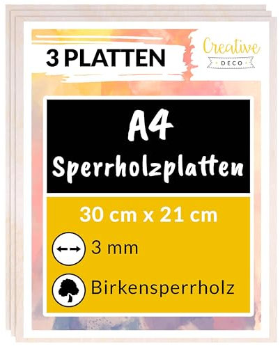 Creative Deco 3 x A4 Birch Plywood Sheets | 300 x 210 x 3mm (+/-2mm) Baltic Wood Ply | Perfect Laserable Board for Wood DIY Home Decor Arts Craft Painting Laser Cutting CNC Stenciling Pyrography