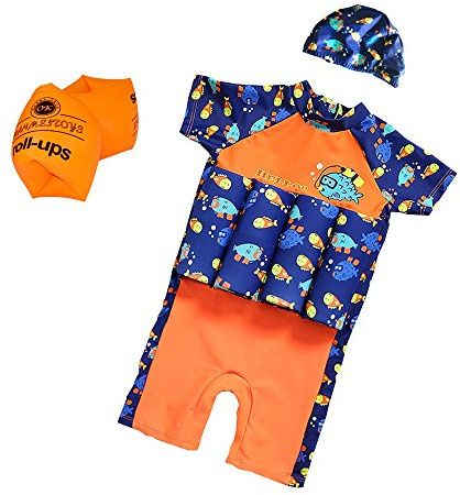 Floating Swimsuits for Kids Toddlers, Orange and Blue Color with Swimming Cap and Inflatable Arm Ring