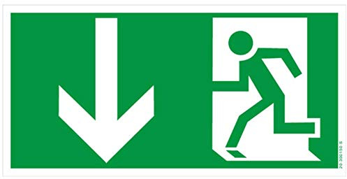 Fluchtweg Notausgang Schild Aufkleber nachleuchtend Pfeil unten 400x200mm XXL von MBS-FIRE®