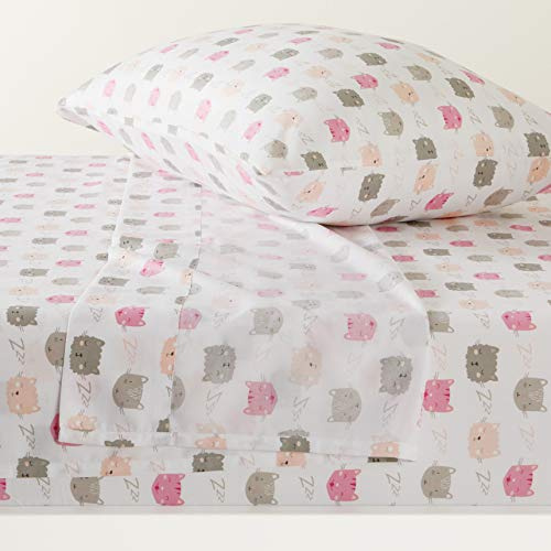 Amazon Basics Kid's Soft, Breathable, Easy-Wash Microfiber 3-Piece Sheet Set with Pillowcase, Twin, Peony Pink Kitties, Animal Print