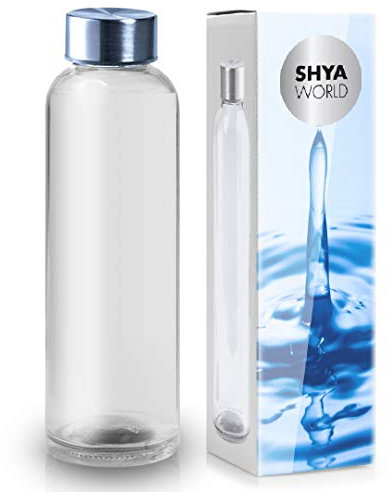 ShyaWorld Botella De Cristal para Agua Cuerpo de Acabado Transparente Tapón a Rosca en Acero Inoxidable. Cajas Individuales por Botella. (Transparente, 500ml (1PCS))