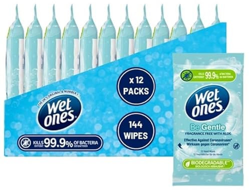 Wet Ones – Be Gentle – Plastic Free Antibacterial Pocket Size Hand Wipes - 144 wipes – 12 packs x 12 wipes