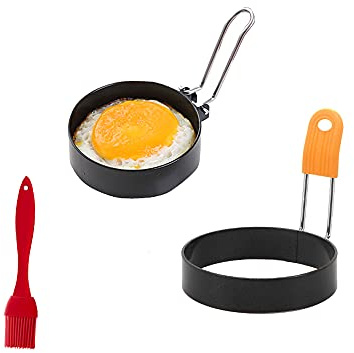 XINGSUI 2 piezas de anillo de huevo frito redondo antiadherente con mango de silicona, herramienta de cocina de huevo frito de hierro (cepillo de aceite gratis)