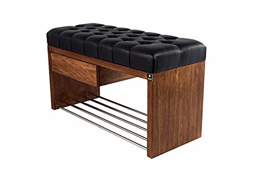 EMRA WOOD M-DEKO LPS-1 Sitzbank Schuhbank Chesterfield Gesteppt mit Schublade Bezug aus Kunstleder Schwarz Gestell aus Holz Nach Maß (Höhe 45cm Tiefe 30cm, 85)