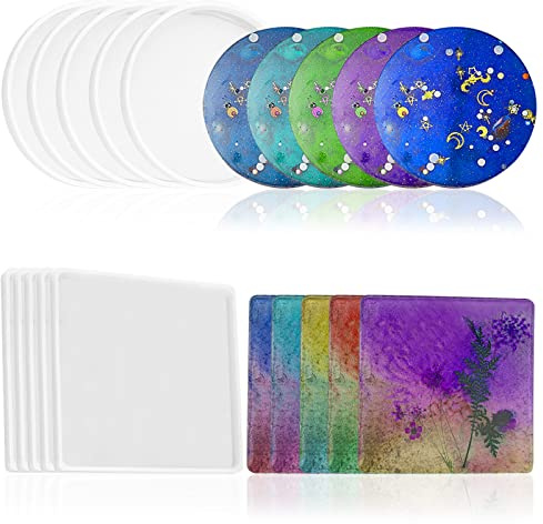 findTop Juego de 10 moldes de silicona para posavasos, 5 moldes redondos y 5 cuadrados reutilizables de resina para manualidades epoxi, cemento, arcilla polimérica, antiadherentes, bricolaje