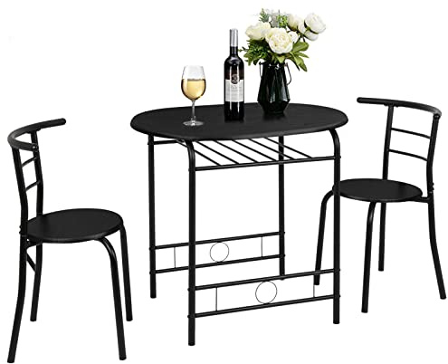 Bonnlo Dining Table and Chairs Set of 2 Small Dining Table Compact 3 Piece Breakfast Biestro Table Set with Storage Shelf Black Wood Finish with Metal Frame