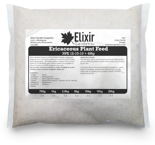 Elixir Gardens Soluble Ericaceous Fertiliser/Feed | Azalea, Rhododendron, Acer, Magnolia & Camellia Plant & Shrub Food | NPK: 12-10-10 + 4 | 20kg Polythene Bag