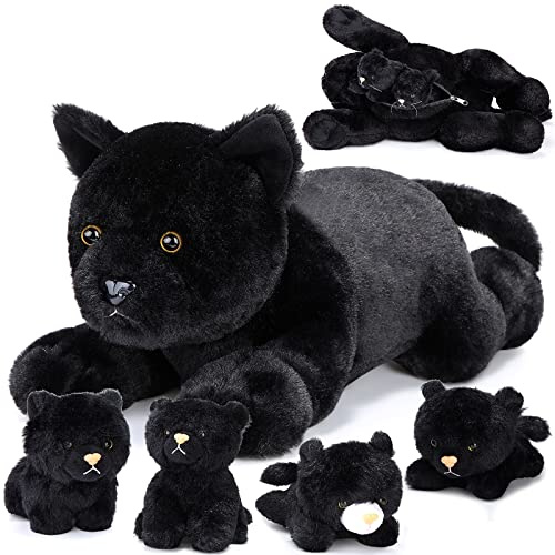 Set de 5 Pcs Chat en Peluche - Grand Animal Doux Câlin avec 4 Chatons Moelleux Mignons dans Le Ventre de Maman - Cadeaux d'Anniversaire (Noir)