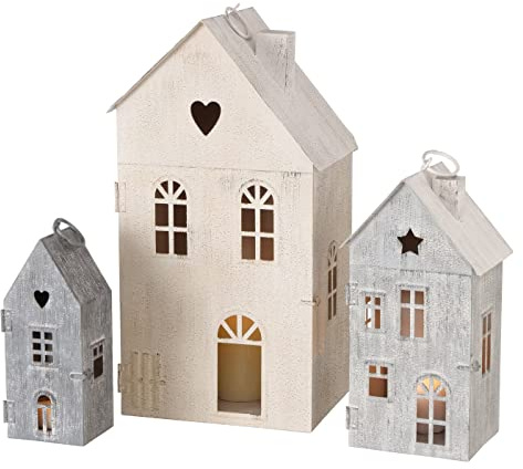 Boltze Laternen 3er Set Houses Skandinavisch Boho Deko Haus aus Eisen 13-35 cm Grau Beige für Kerze Teelicht