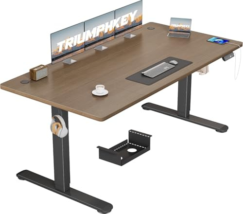 TRIUMPHKEY Höhenverstellbarer Schreibtisch 160x80, 18mm Tischplatte & USB-A | Schreibtisch Höhenverstellbar mit 3 Memory-Steuerung,Sitz‑Erinnerung & Kabelmanagement, Computertisch,Standing Desk,Walnuss