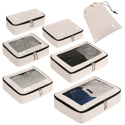 ECOHUB Koffer Organizer Packing Cubes 7-Teiliges Koffer Organizer Set Packwürfel Pet-Recycelte Packtaschen für Koffer Kofferorganizer für Rucksack schuhbeutel Kleidertaschen für Koffer(Beige)