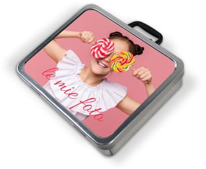 Scatola in metallo personalizzata con foto - Scatola box portaoggetti in latta, rettangolare, personalizzabile con Foto, Frase, Logo (Valigetta 12x10)