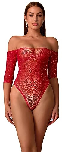 Walang sexig bodysuit för kvinnor med strass fisknät långärmad underkläder axelbandslös klänning toppar sexiga kläder babydockor negligéer, röd, XS-XXL