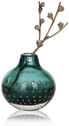 CONVIVA Bud Vase Green Glass Vase Flower Art Diffuser for Reed Idea Modern Handcrafted Small Tabletop Fall Decor Arrangement 4.2 H
