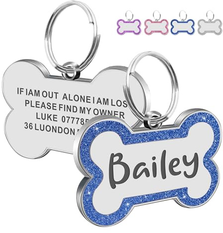 Personalised Dog Tags for Pets Engraved UK Prime Stainless Steel Glitter Dog ID Name Tag Bone Shape S L Sizes 4 Colours (Blue L, Bone)