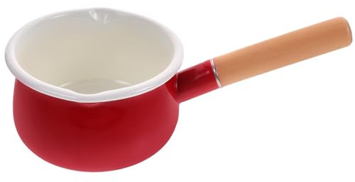 OUNONA Enamel Milk Pot Non Stick Small Saucepan for Instant Noodle and Soup with Wooden Handle