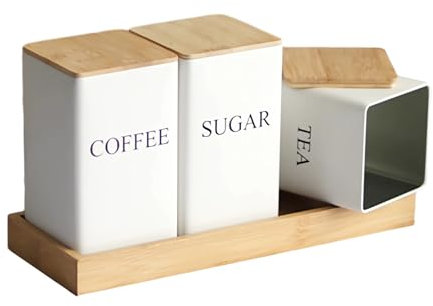 Tuzsocr 3 Pack Tea Sugar Coffee Canister Set with Bamboo Lids, Airtight Storage Canisters Food Storage Containers Pots Jars, Rust Resistant Powder Coated Iron Caddies,for Kitchen Food Storage (White)