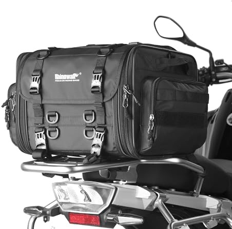 Rhinowalk Motorcycle Tail Bag, Expandable Motorcycle Travel Luggage Bags 33-45L, Waterproof All-Weather Trunk Rack Bag with Sissy Bar Straps & Helmet Rain Cover-Black