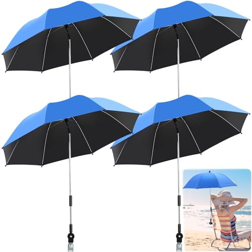 Hosuly 4 Pack Chair Umbrella with Clamp Universal 33.5 Inches 360° Adjustable UPF 50+ UV Protection Beach Clip on Wheelchair Umbrella for Camping Stroller Golf Carts, Not Include Chair(Royalblue)