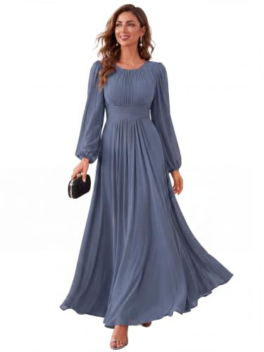 Ever-Pretty Women's Bright Round Neck Long Sleeve Chiffon Floor Length Evening Dresses ES0106B | Crewneck, Floor Length, A-Line, Smocked Waist, Mother of the Bride Dresses, Bridesmaid Dress, Evening Gown