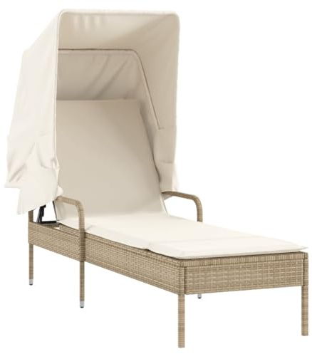 vidaXL Sonnenliege mit Dach, Gartenliege Verstellbare Rückenlehne, Sonnenbett für Außenbereich, Relaxliege Liege Gartenmöbel, Modern, Beige Poly Rattan